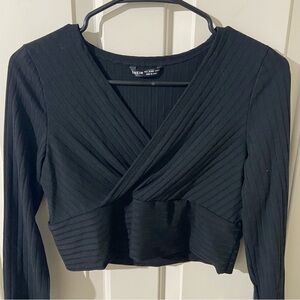 SHEIN Elegant Black Ribbed V-Neck Blouse